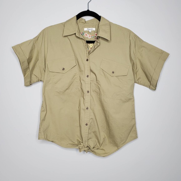 MADEWELL • Khaki Floral Embroidered Short Sleeve Button Top Sz S - Picture 2 of 8